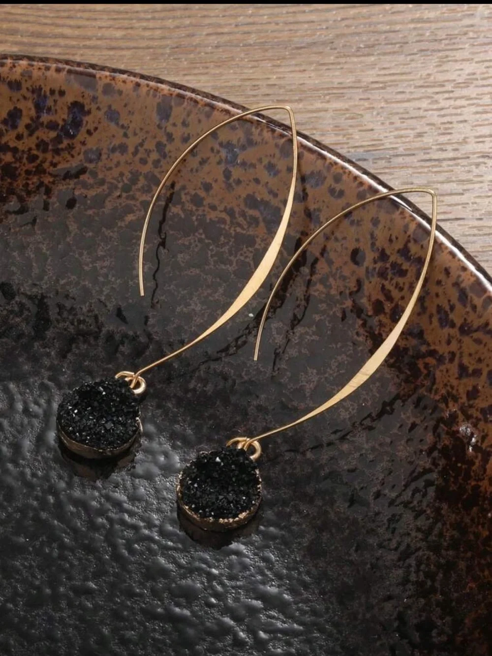 Gold Drop Earrings with Black Druzy Stones - Women Jewelry